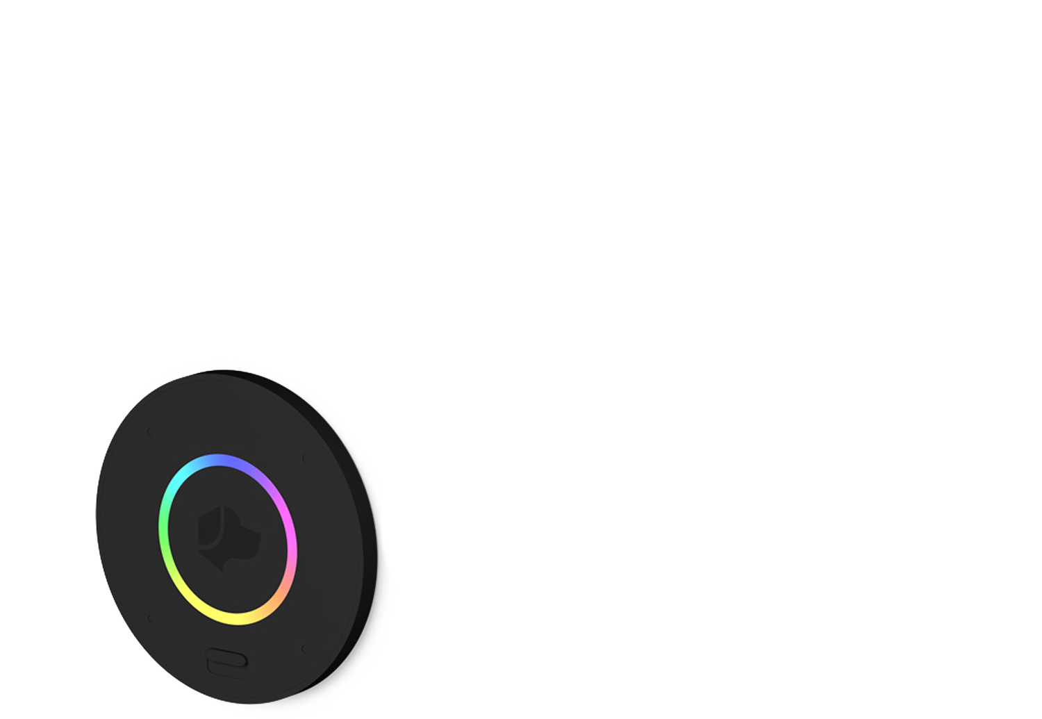 Josh Nano flush-mount microphone in black—small round puck with rainbow LED ring—shown isolated on a white background.