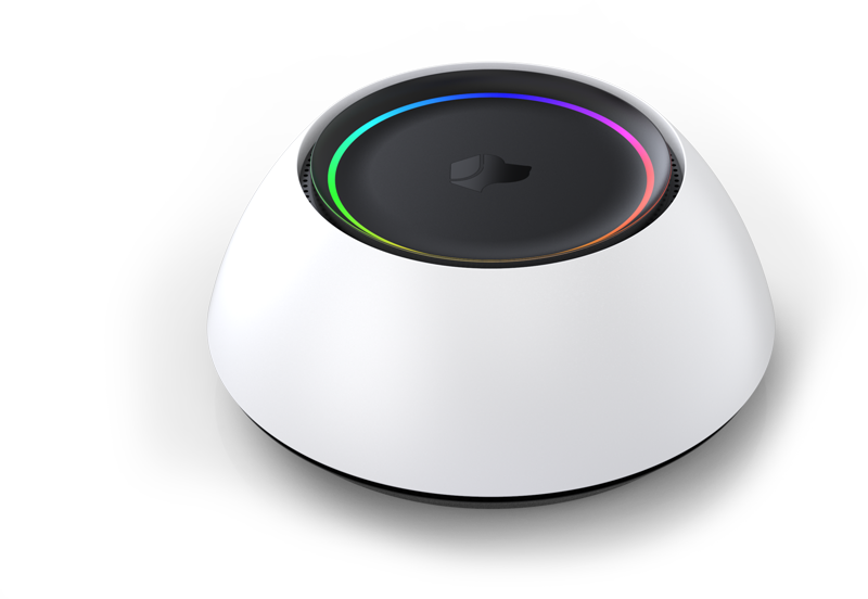 Angled product render of the Josh Micro voice assistant: white, low-profile dome with a black top and multicolor LED ring.