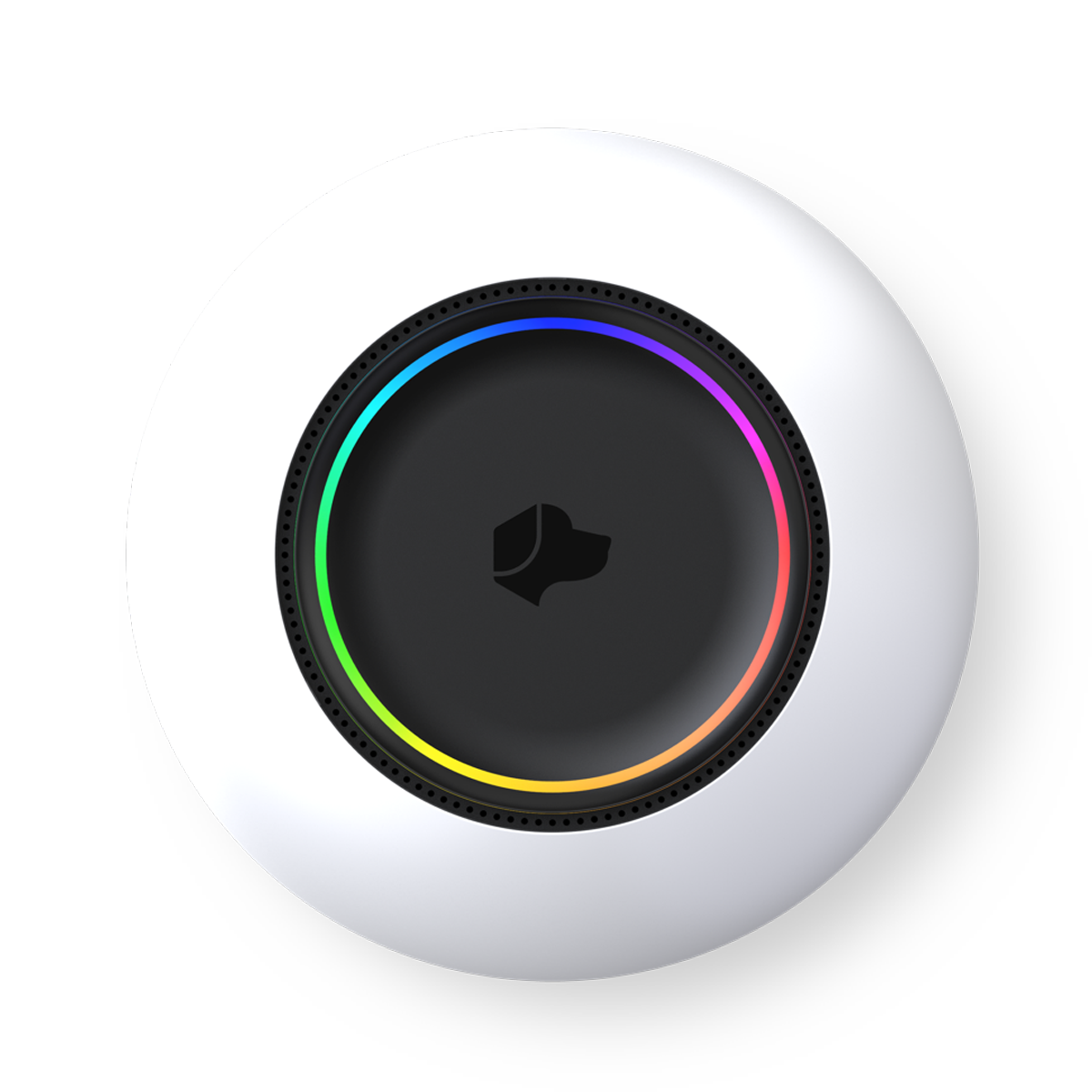 Round white smart home device with a black center featuring a dog logo, surrounded by a glowing multicolor LED ring.