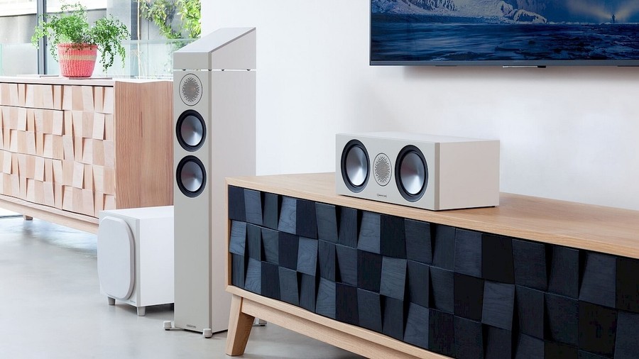 Two high-end speakers and a subwoofer in a home.  