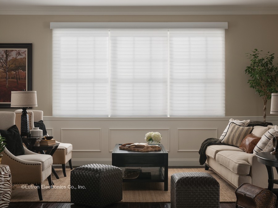 Living room with motorized blinds in Bellevue, WA