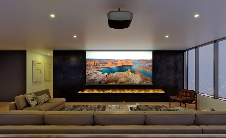 Home theater room with immersive audiovisual setup.