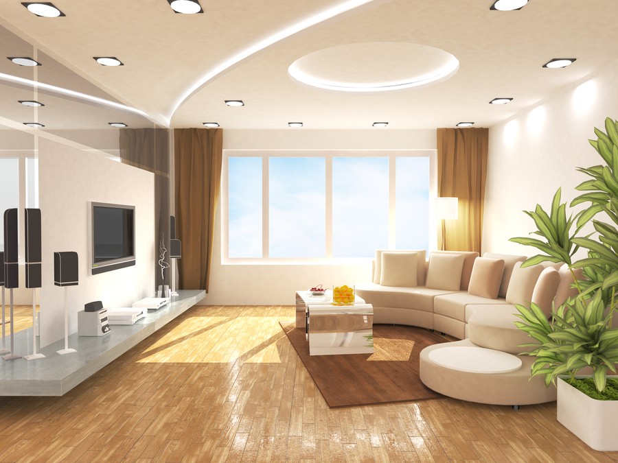 Image is of a brightly colored living room with multiple ceiling lighting fixtures.