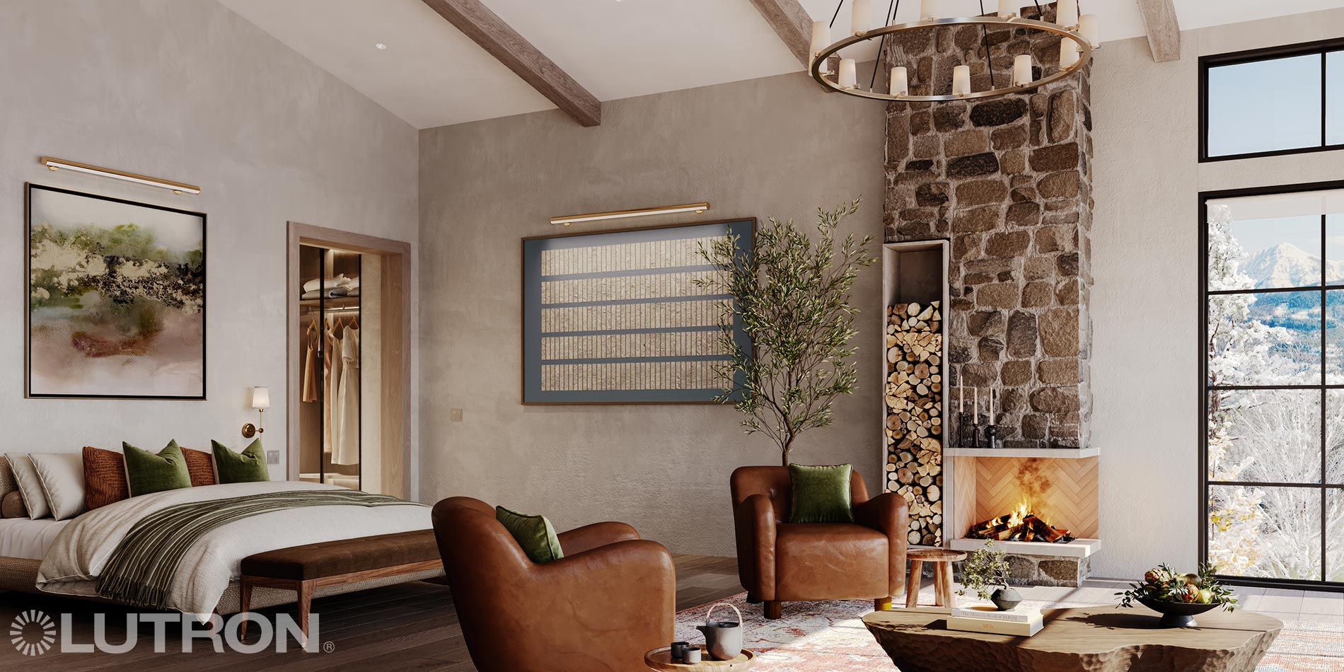 Cozy bedroom and seating area with fireplace and large windows, featuring Lutron lighting