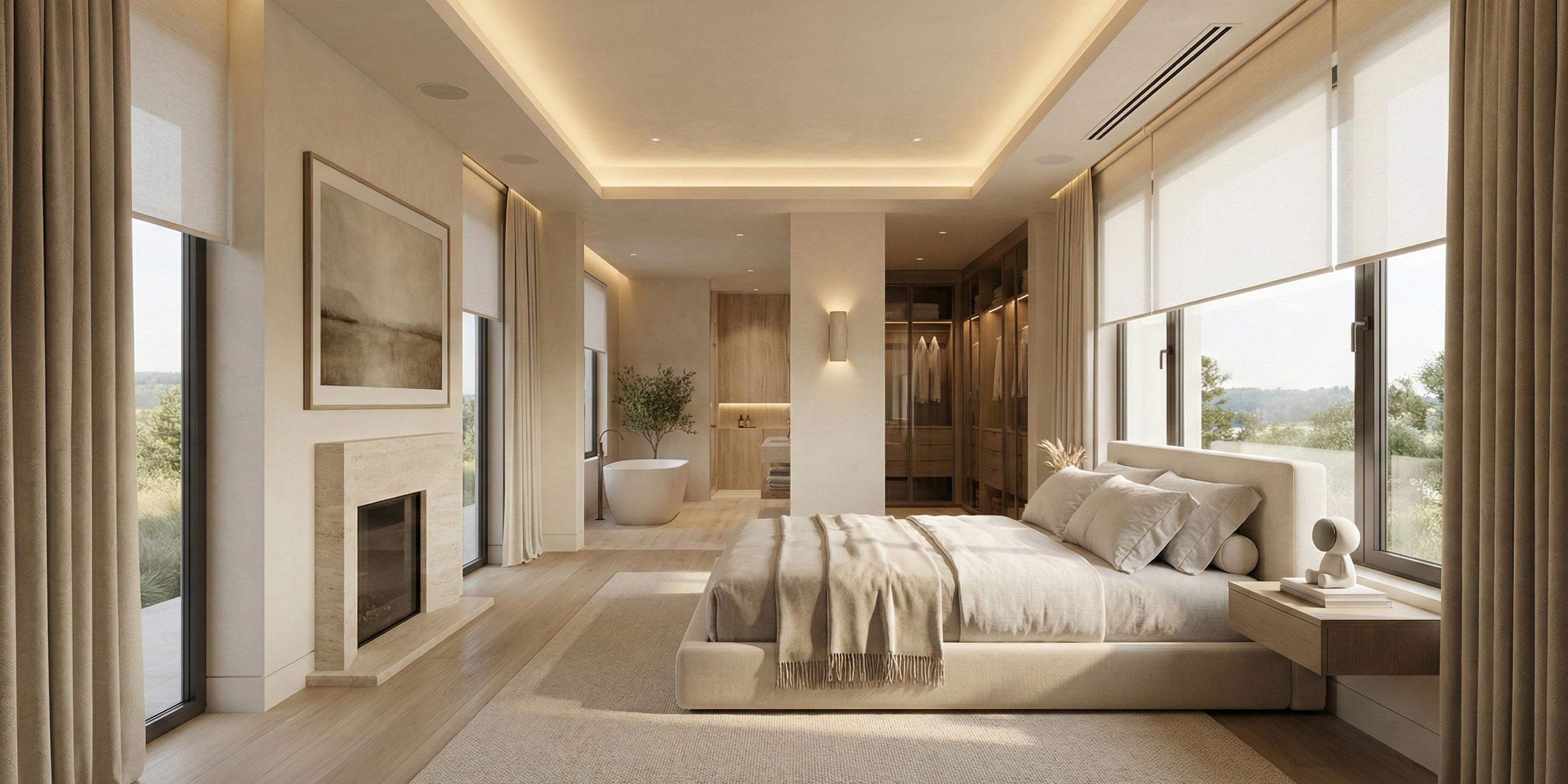 Minimalist master bedroom with a fireplace, open closet, and bathtub