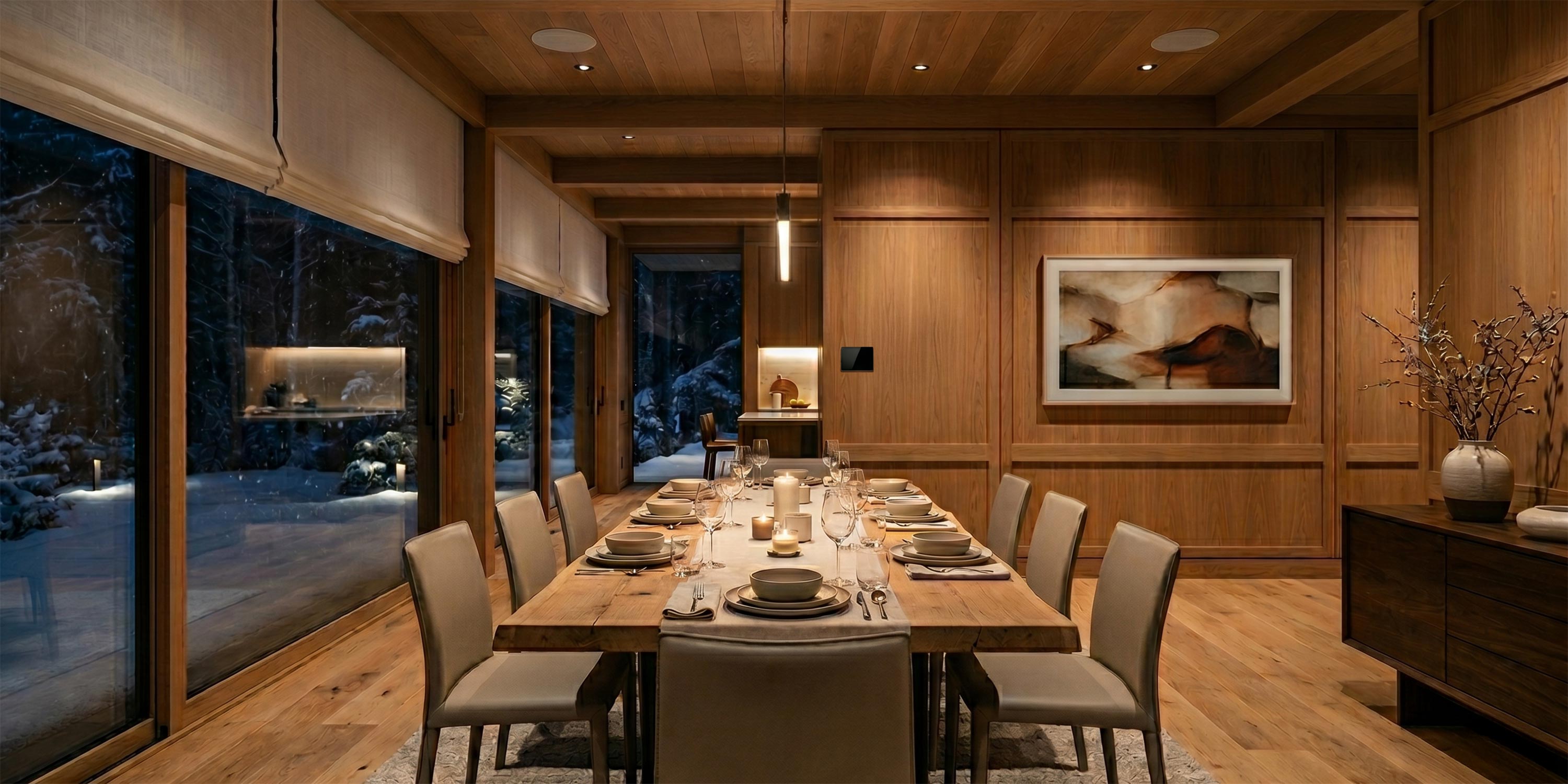 Elegant wood-paneled dining room at night with a long set table