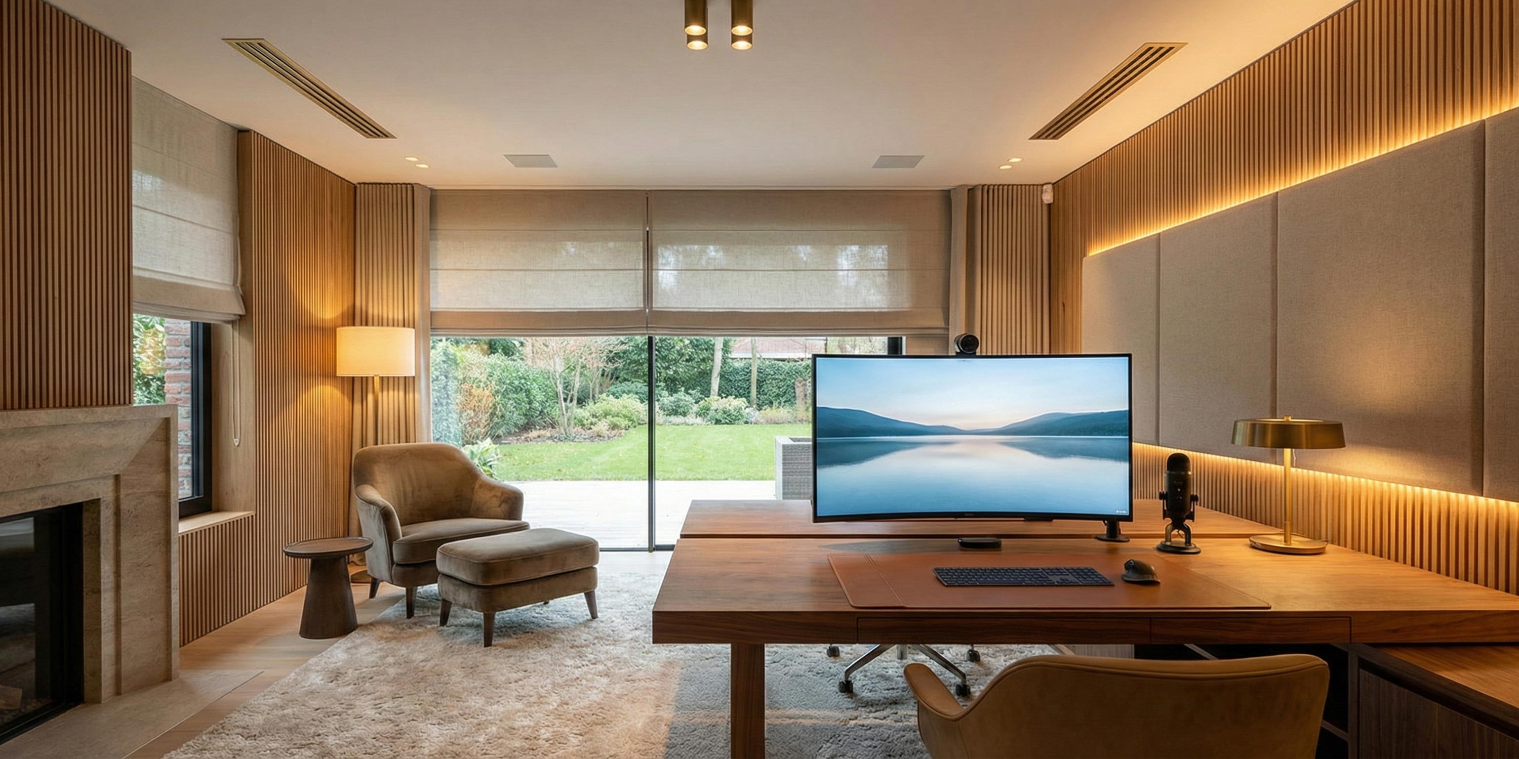Modern home office with a large monitor, wooden desk, and garden view