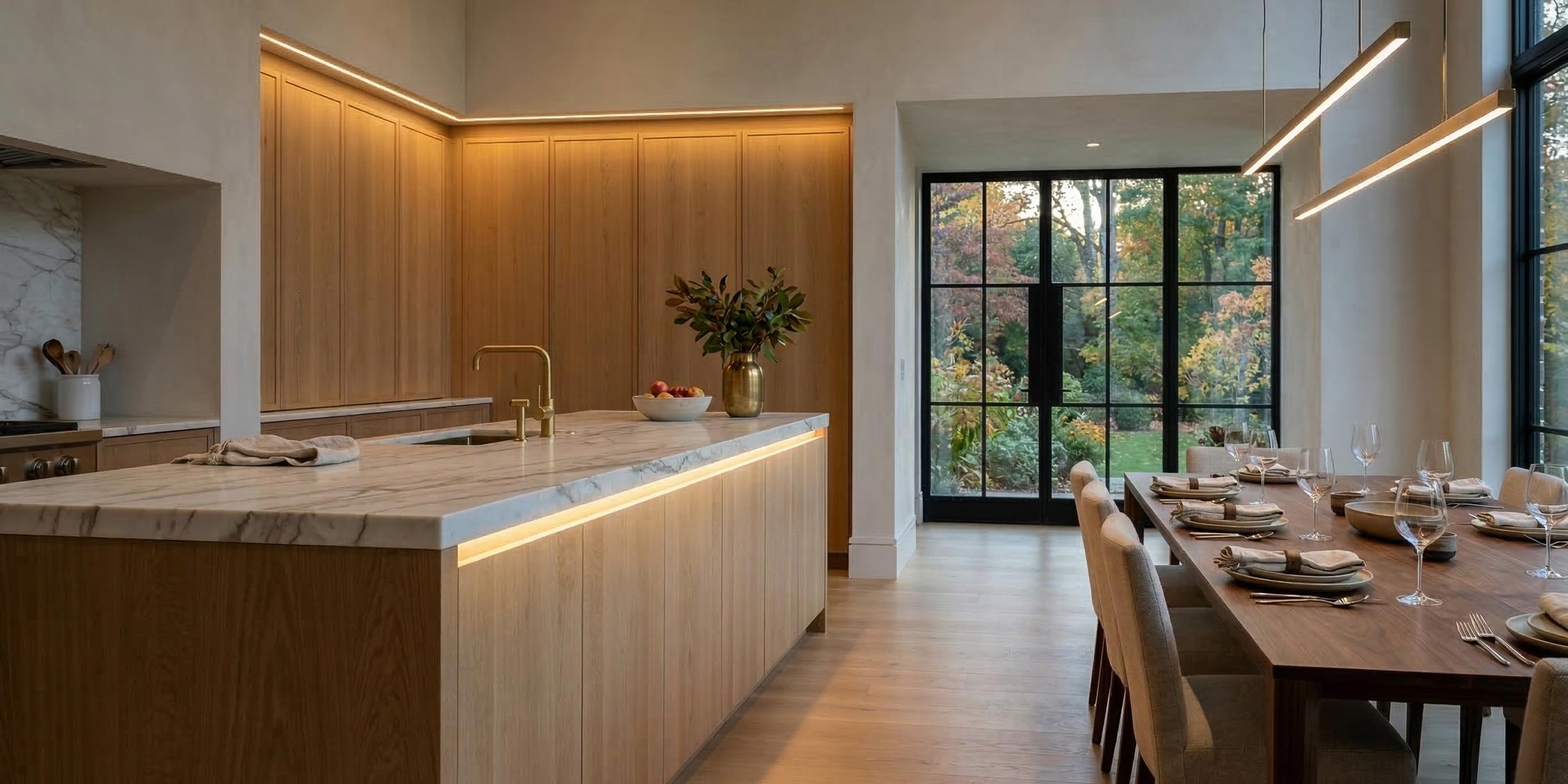 Marble kitchen island next to a set wooden dining table