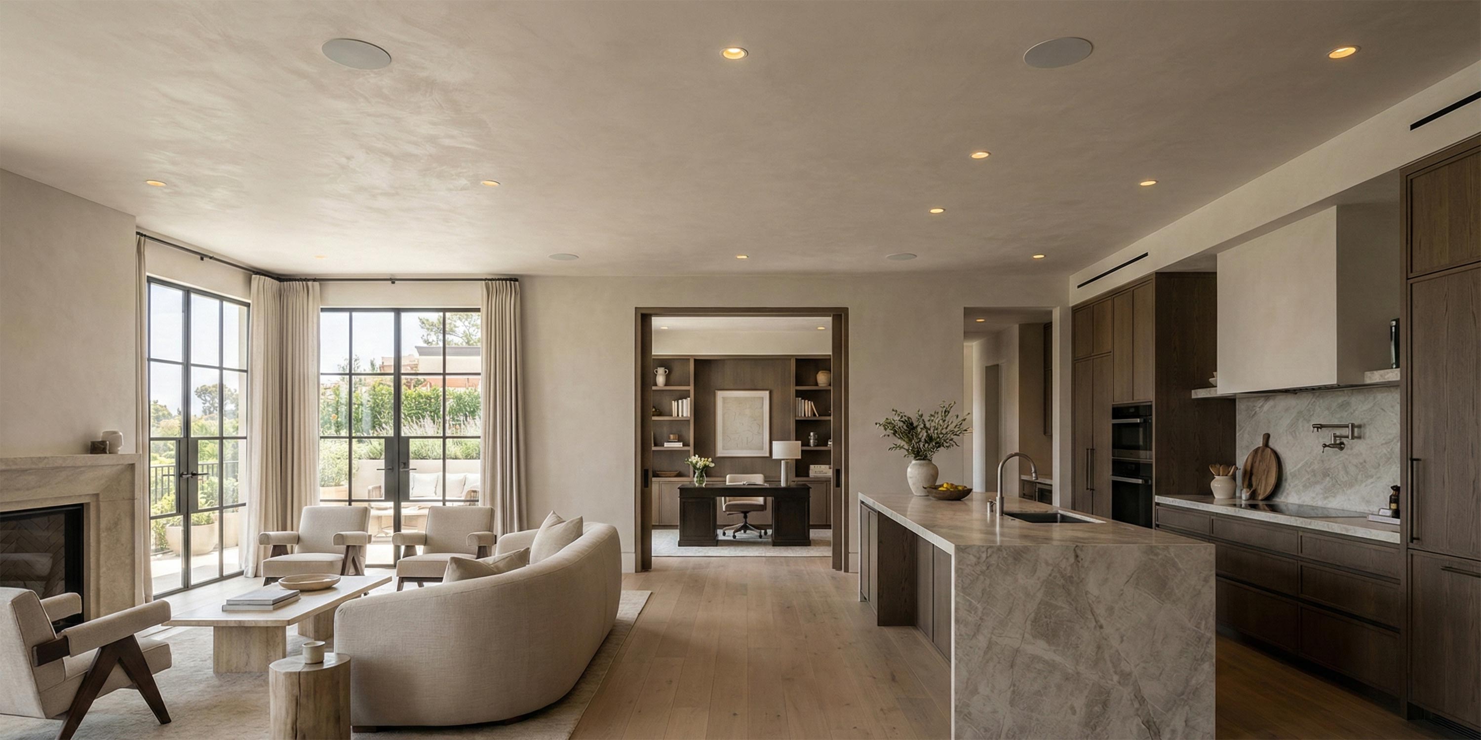 Open-plan living space connecting a lounge, kitchen, and home office