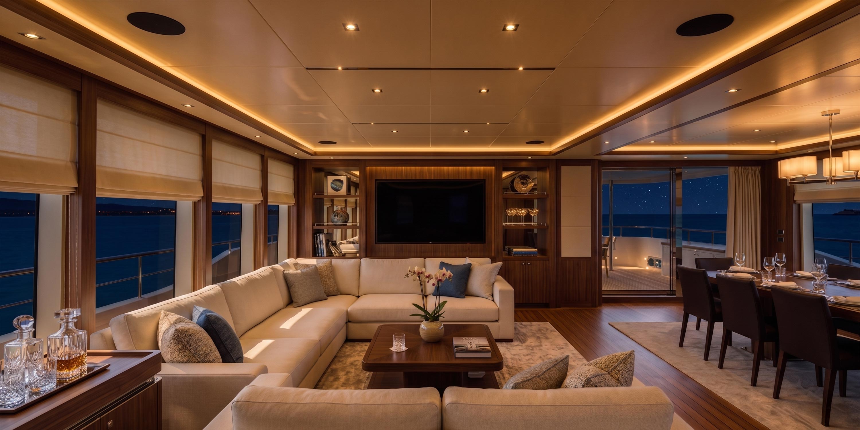 Luxury yacht interior salon with a large couch and ocean views at night