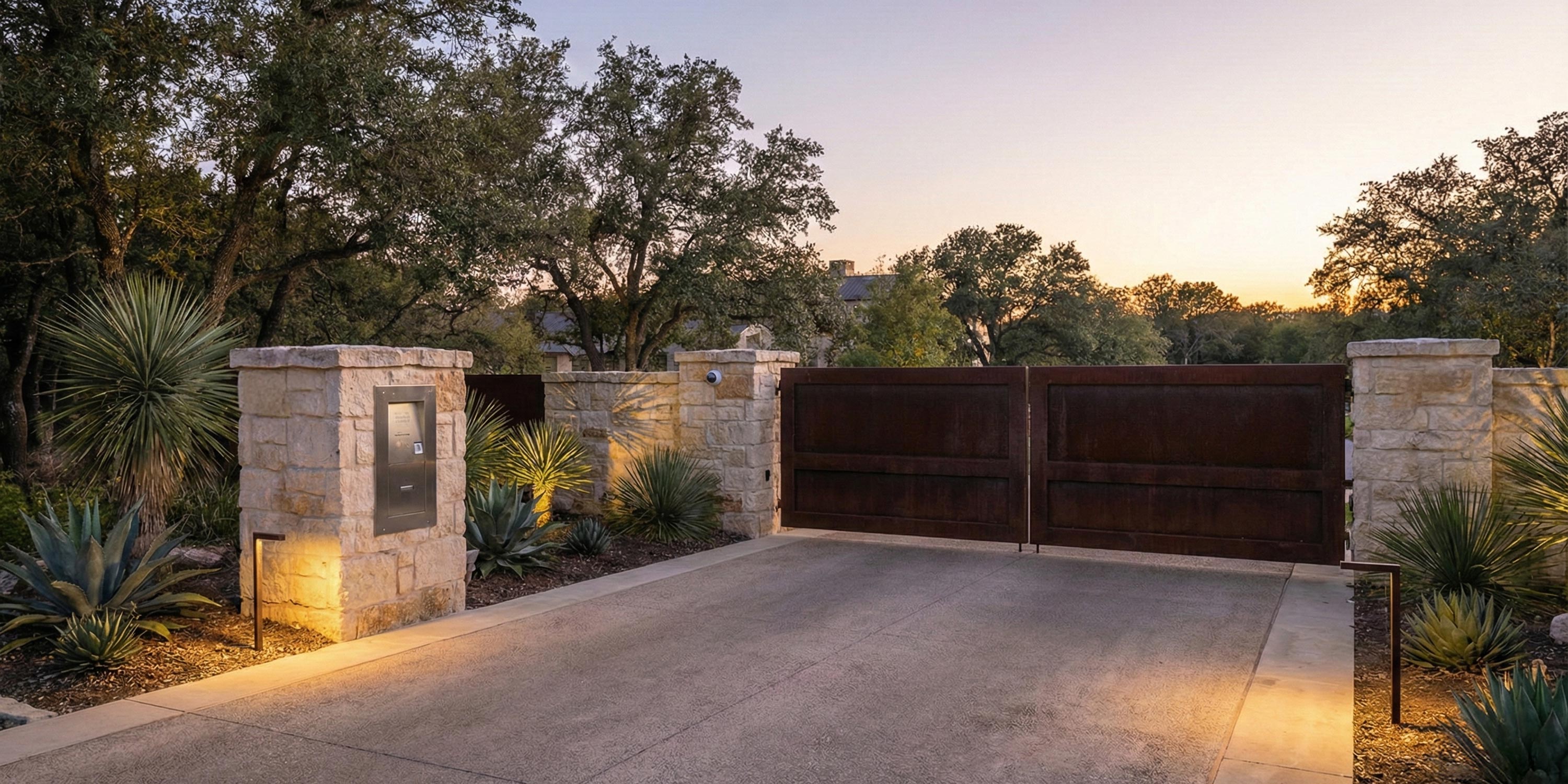 Gated driveway entrance with dark wooden gates, stone pillars, and desert plants