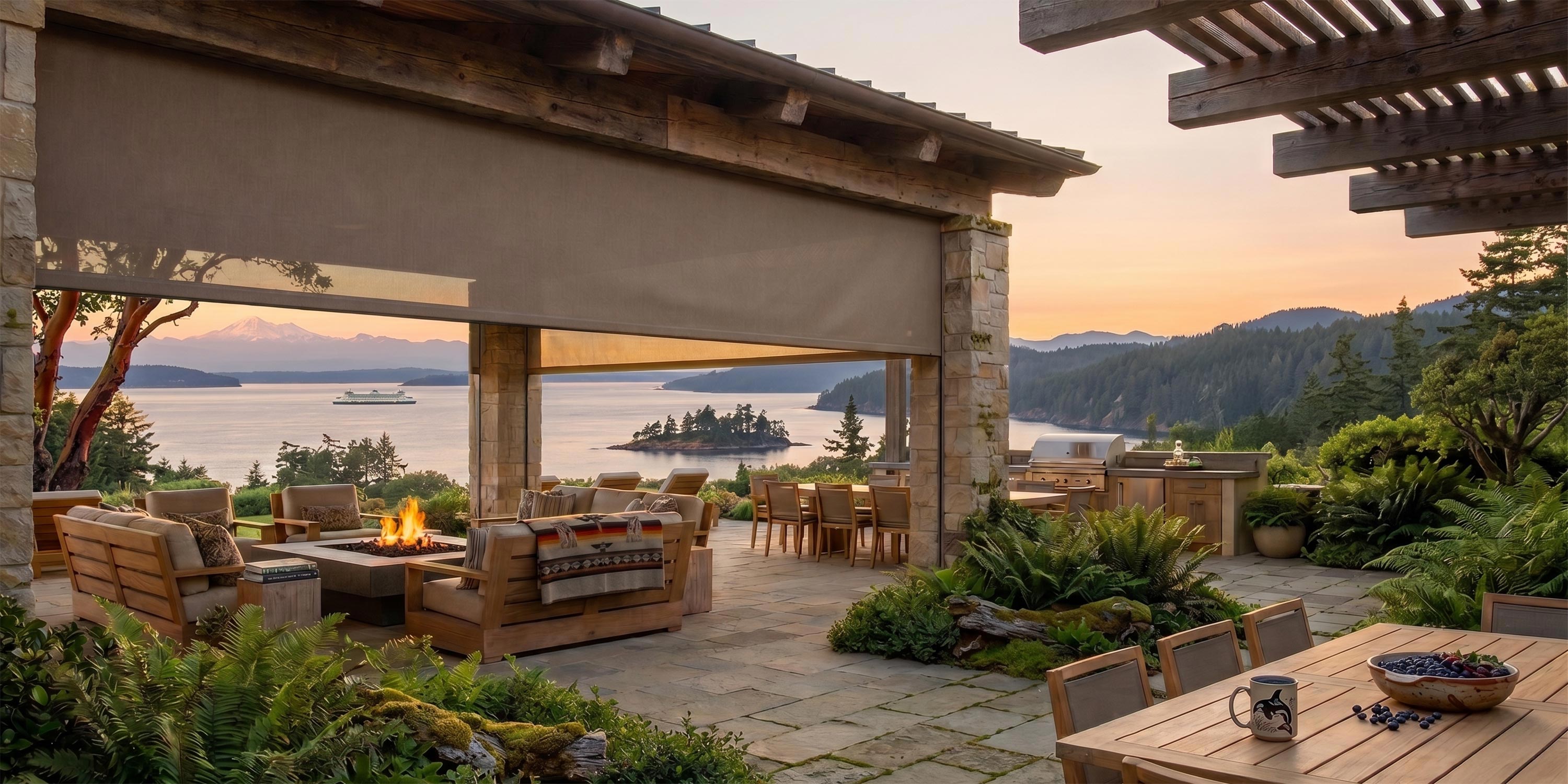 Covered outdoor patio with seating and ocean views at sunset