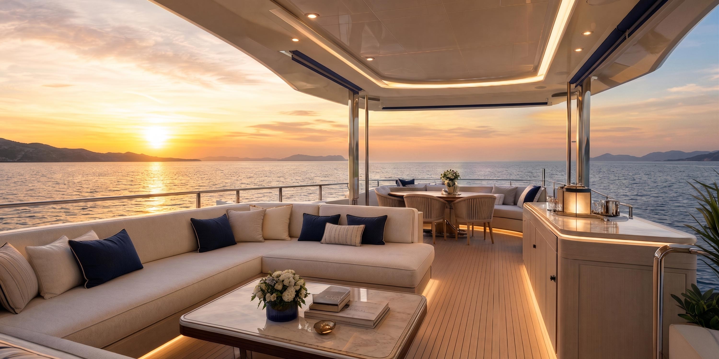 Luxury yacht sundeck with comfortable lounge seating at sunset