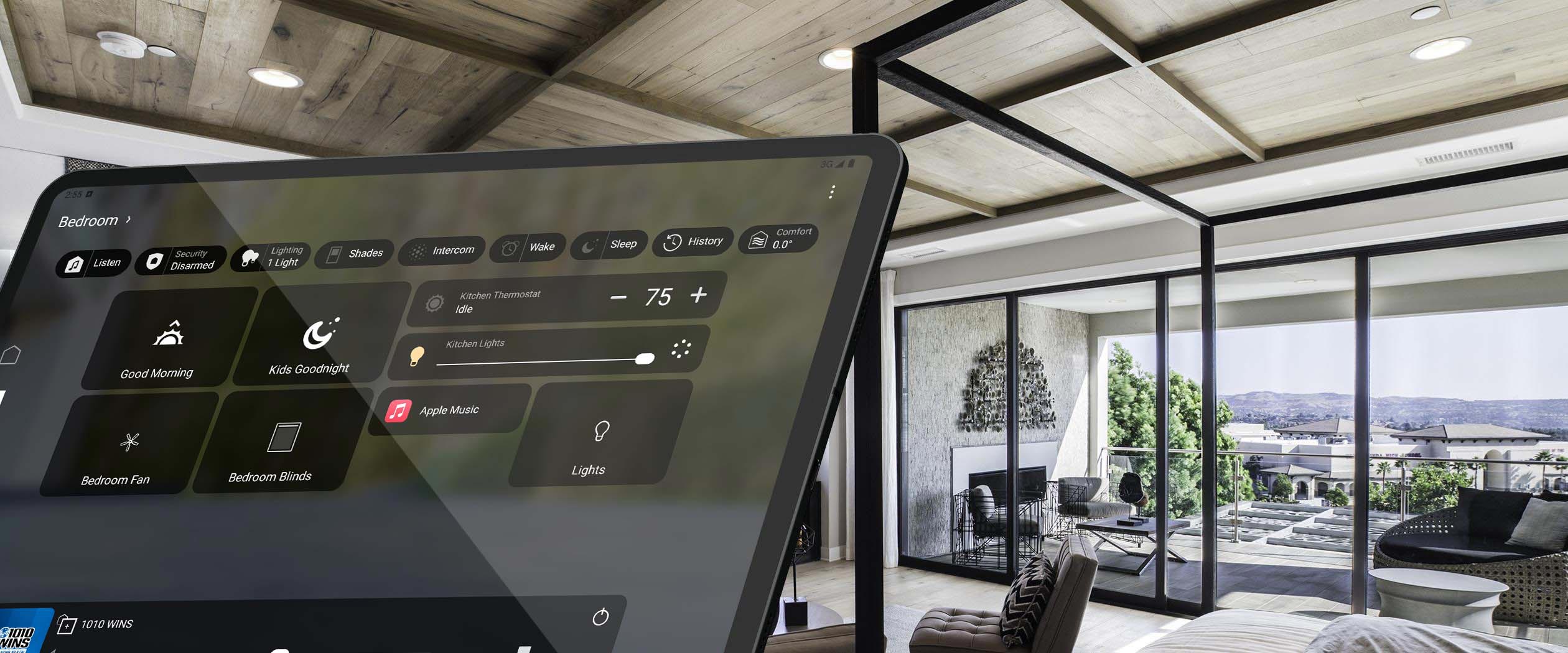 Smart home interface overlaying a modern bedroom interior