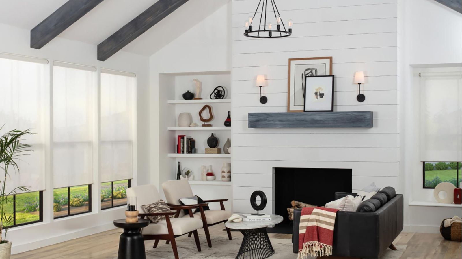 Cozy living space with shiplap fireplace and soft neutral decor