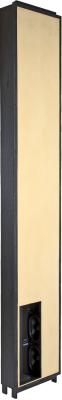 Tall, slim floor-standing speaker with black sides, a light wood front panel, and a small rectangular opening near the bottom exposing two speaker drivers.
