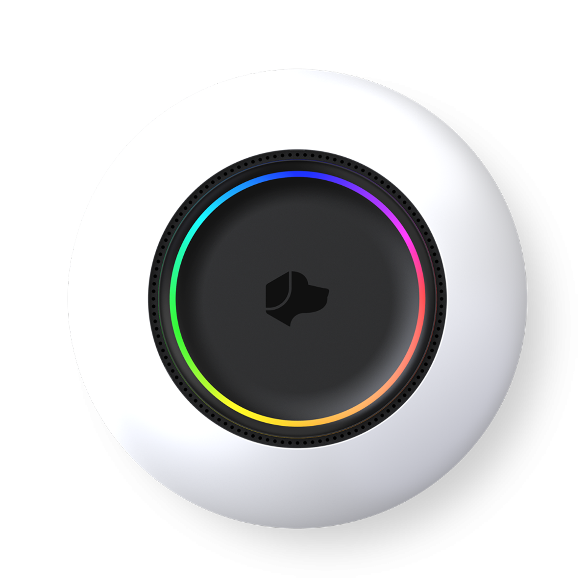 Round white smart home device with a black center featuring a dog logo, surrounded by a glowing multicolor LED ring.