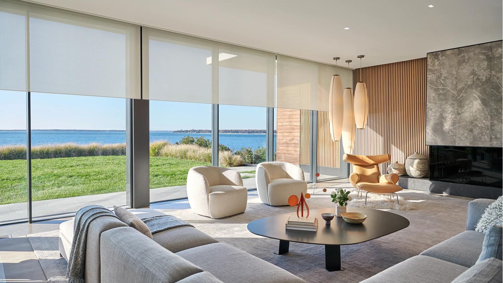 Bright living room with ocean view and modern furnishings