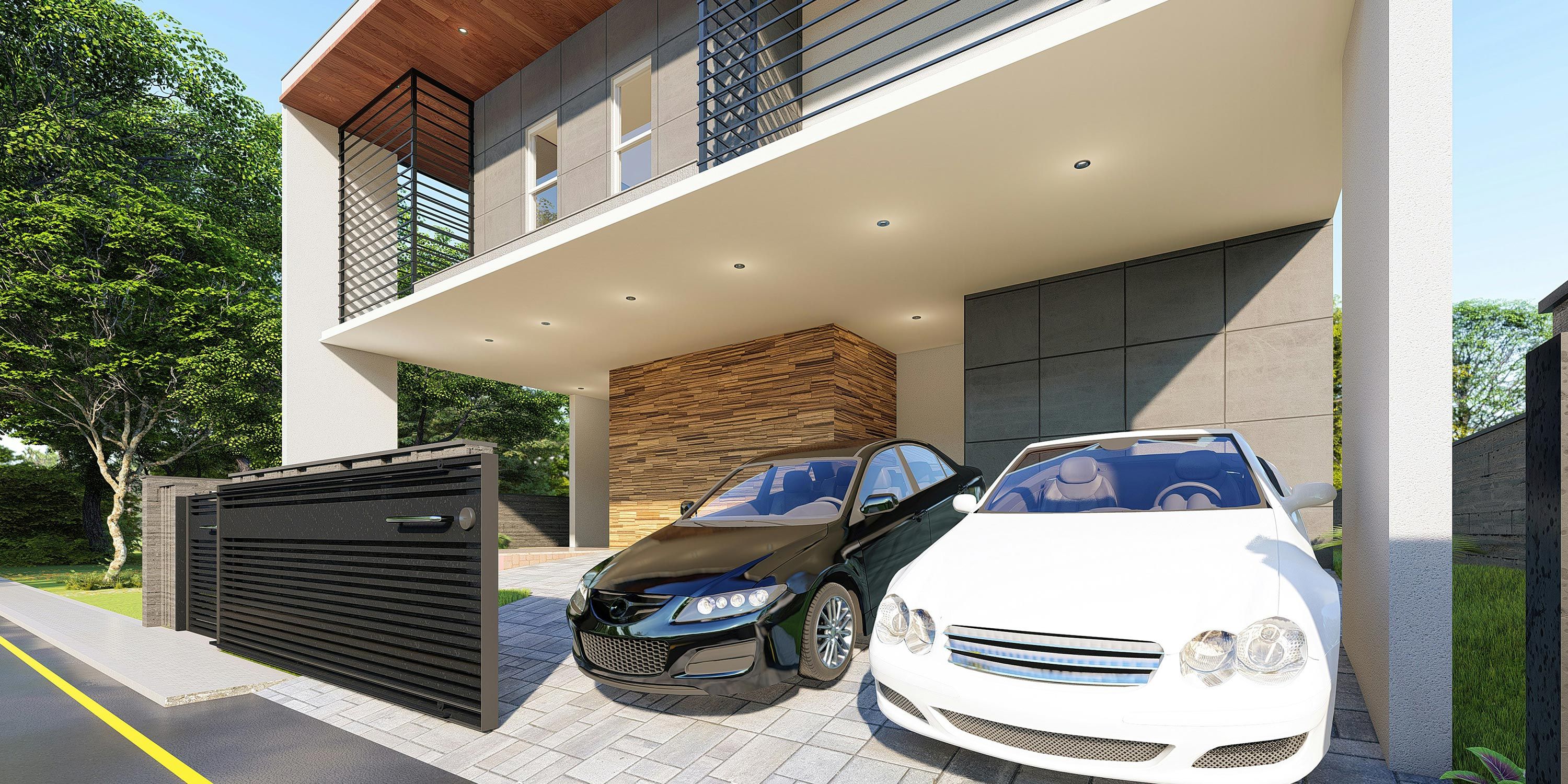 Contemporary house entrance with a gated driveway, two parked cars, and lush greenery.