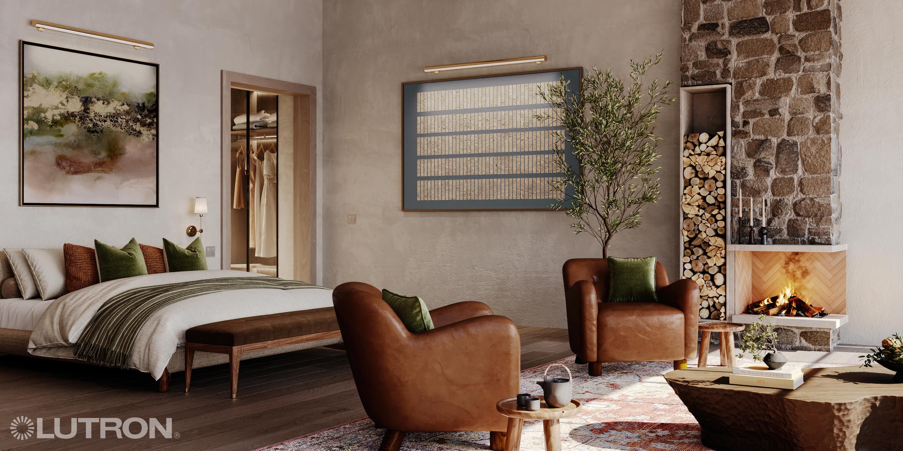 Cozy bedroom with fireplace, leather chairs, and Lutron lighting ambiance